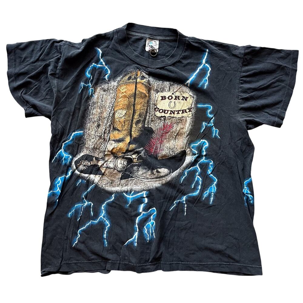 Vintage 90s American Thunder Lighting All Over Print T Shirt "Born Country" XL